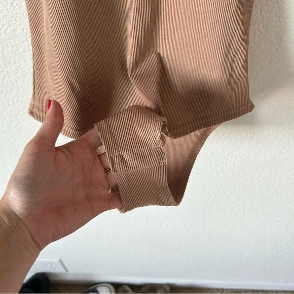 Tan Sleeveless Ribbed Turtle Neck Bodysuit One Piece - Picture 3 of 8